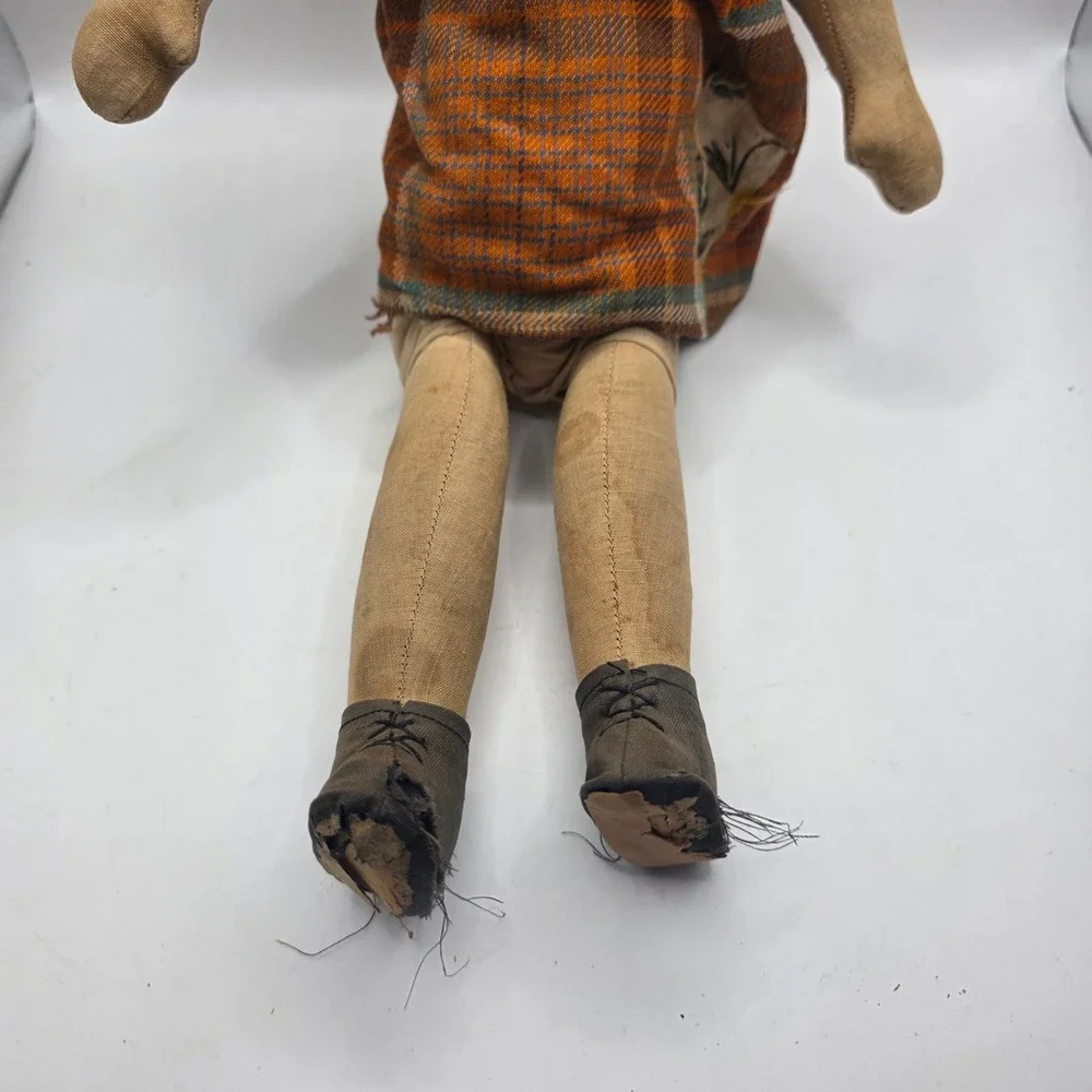 Old Cloth Doll Mask Face Red Yarn Hair Plaid Dress Bonnet Primitive Doll As Is